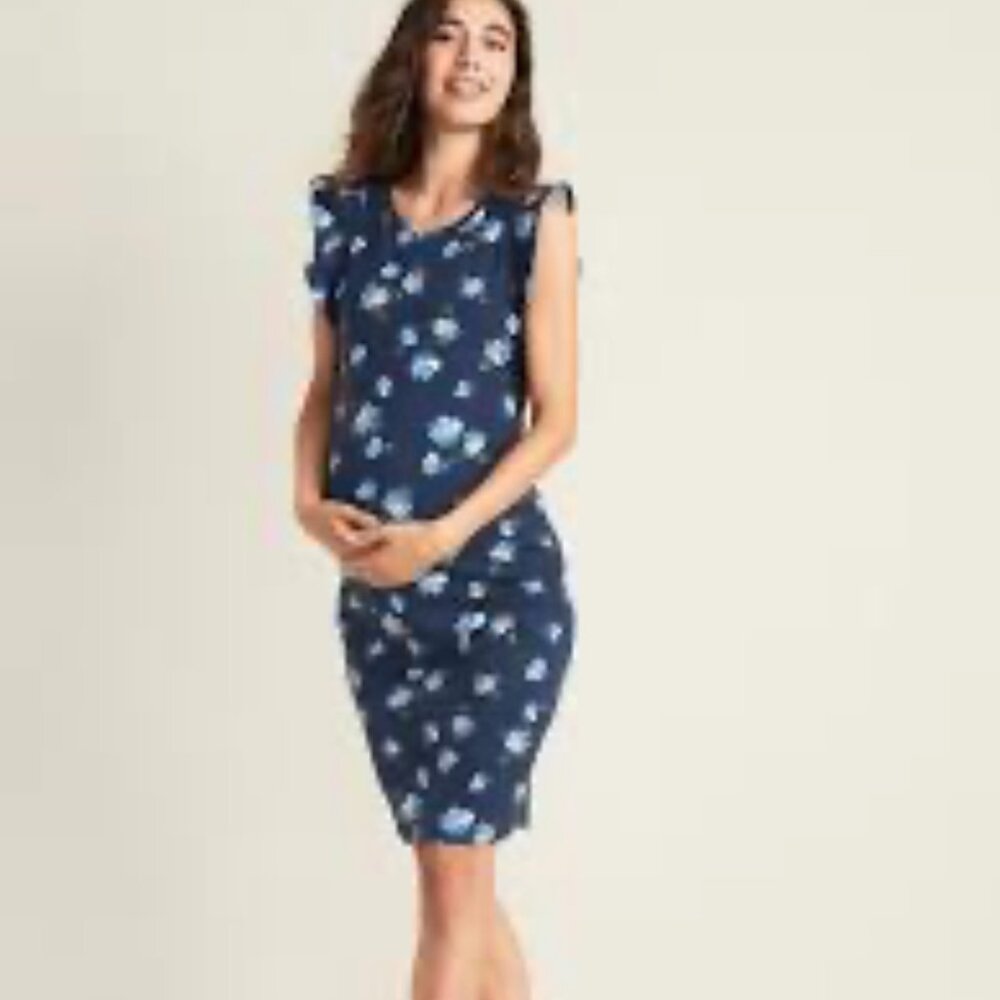 Old Navy Flutter Sleeve Blue Floral Bodycon Dress Sz XL EUC